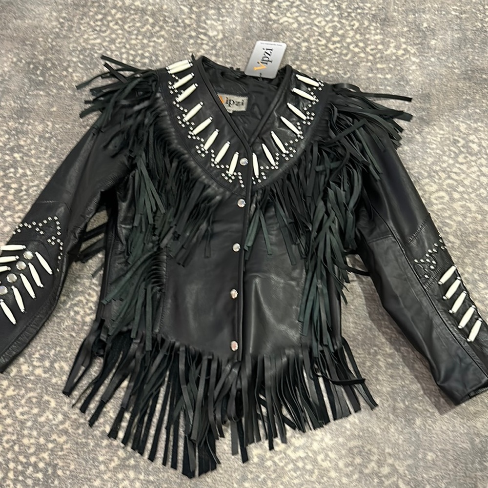 VIPZI REAL LEATHER FRINGE JACKET WITH EMBEZZLEMENTS NWT SIZE S - Picture 2 of 13